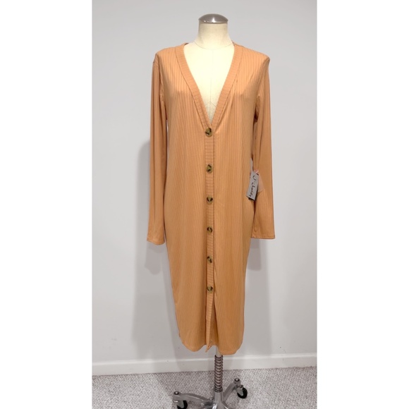 J For Justify Women's Camel Ribbed Long Sleeve Button Up Maxi Cardigan Size XL - Picture 4 of 8